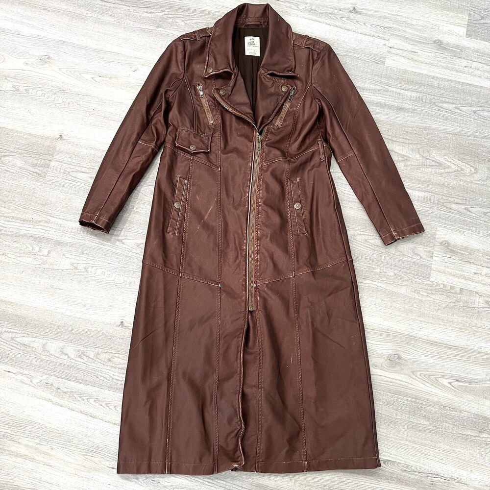 Free People Isabelle Maxi Vegan Leather Moto Jacket Size S Brown